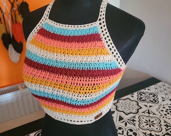 Rainbow Striped Crochet Crop Top: 1970s Style Boho Tank