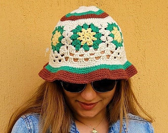 Ecru crochet bucket hat, Knit bucket hat, Granny square sun hat, Striped, Rown Crochet Flower, Boho, Vintage Style