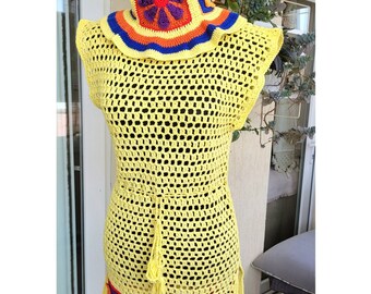 Crochet Mesh Beach Cover up | Crochet Beach Tunic Dress | Swim Cover up | Handmade Summer Dress |Yellow Boho Dress | Vintage style