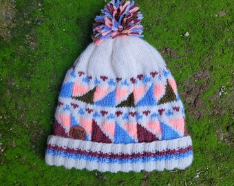 Hand Knit Funny Cuffed Beanie | Blue Light Pink Geometric Shaped Booble Beanie | Wool ski hat | Multicolor | Pom pom | Handmade Hat