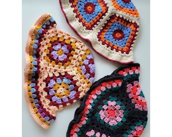 Crochet Granny Square Bucket Hat: Handmade Cotton Festival Sun Hat