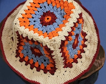 Crochet Granny Square Bucket Hat: Handmade Cotton Festival Sun Hat