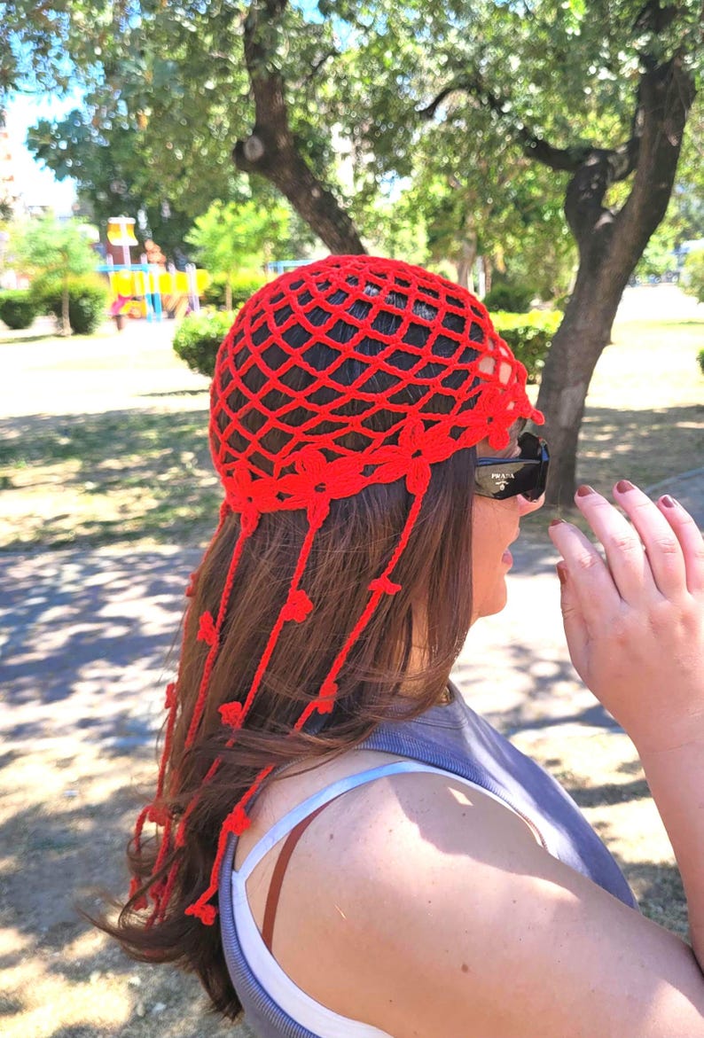Handmade Tasseled Red Crochet Hat, Cotton Mesh, Retro Fishnet Beanie - Etsy