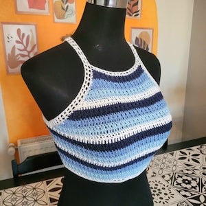 Vintage style 1970s Rainbow racerback crochet top, Striped knit crop tops, Back Tie Tank Tops, Criss Cross Tops, Hippi boho tops