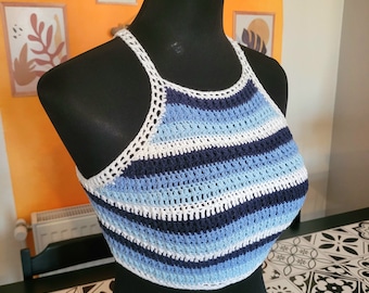 Vintage style 1970s Rainbow racerback crochet top, Striped knit crop tops, Back Tie Tank Tops, Criss Cross Tops, Hippi boho tops