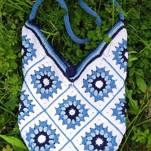 White Denim Blue Crochet Bag, Granny Square Bag, Evil Eye Bag, Crossbody Handbag, Flower Tote Bag, Crochet Purse, Boho, Retro Style