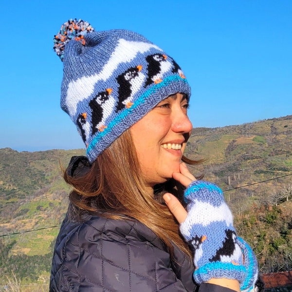 Woman's hand knit penguin hat, Penguin bobble beanie, Handmade animal hat, Fleece lined, Penguin bird lovers gift, Ice blue