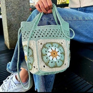 Wasser Grün Tasche, Gehäkelte Top Griff Geldbörse, Strick Strand Tasche, Tragetasche, Oma Quadrate Tasche, African Violet Muster,