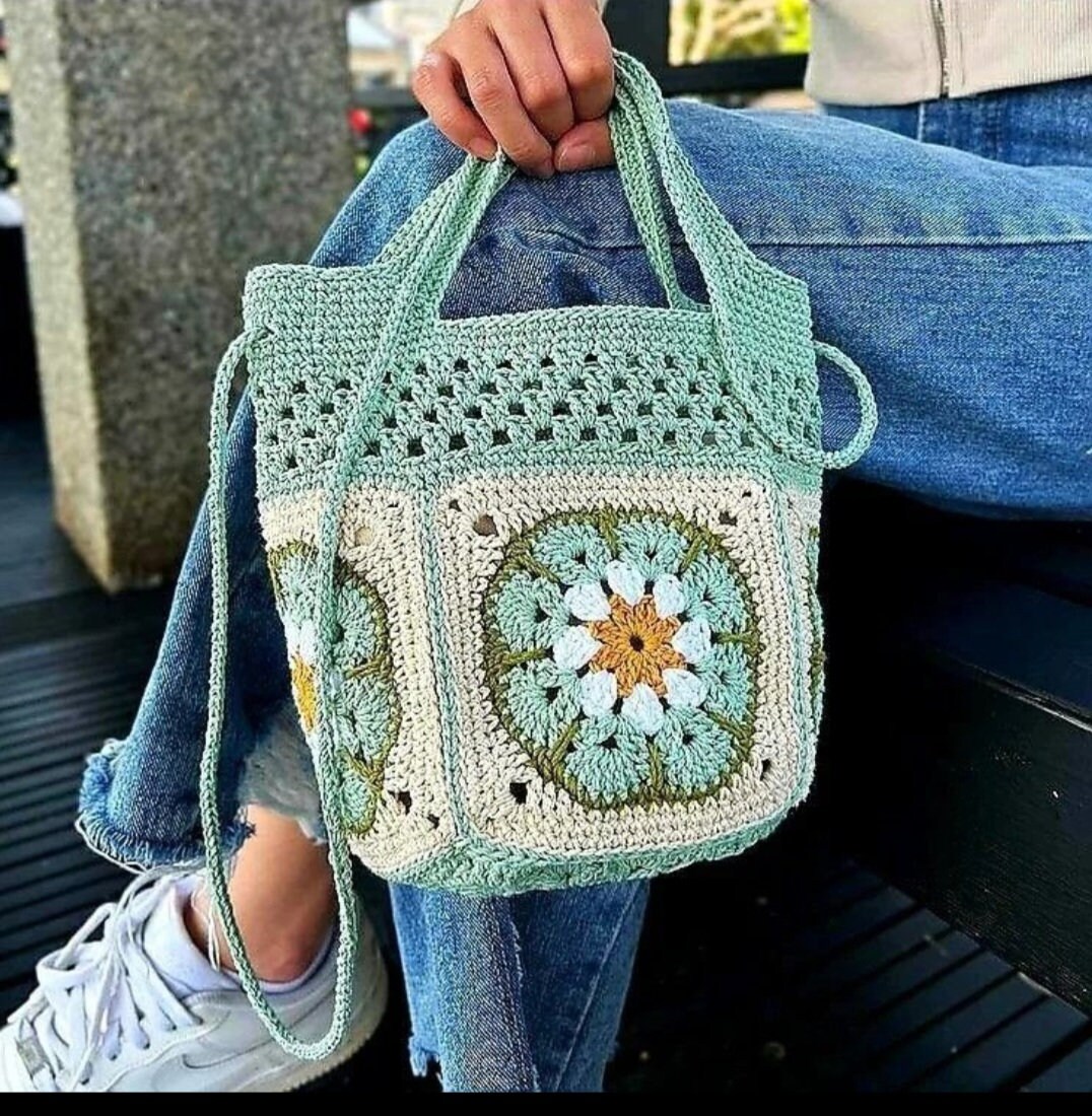 Water Green Crochet Bag, Crochet Top Handle Purse, Knit Summer Bag, Tote Bag, Granny Squares Bag, African Violet pattern,