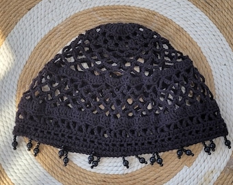 Beaded Black Crochet Hat, Cotton Mesh Knitted Hat, Skull Cap