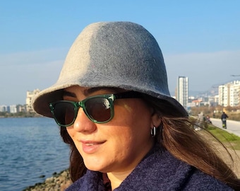 Kapelusz damski z płaskim rondem XL | Kapelusz typu bucket hat z filcu w 100% | Kapelusz boho z organicznej wełny | Dwukolorowy kapelusz retro | Ciepły, stylowy kapelusz | Czepek do sauny