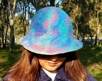 Ręcznie filcowany wełniany kapelusz typu bucket hat: styl retro boho, XL