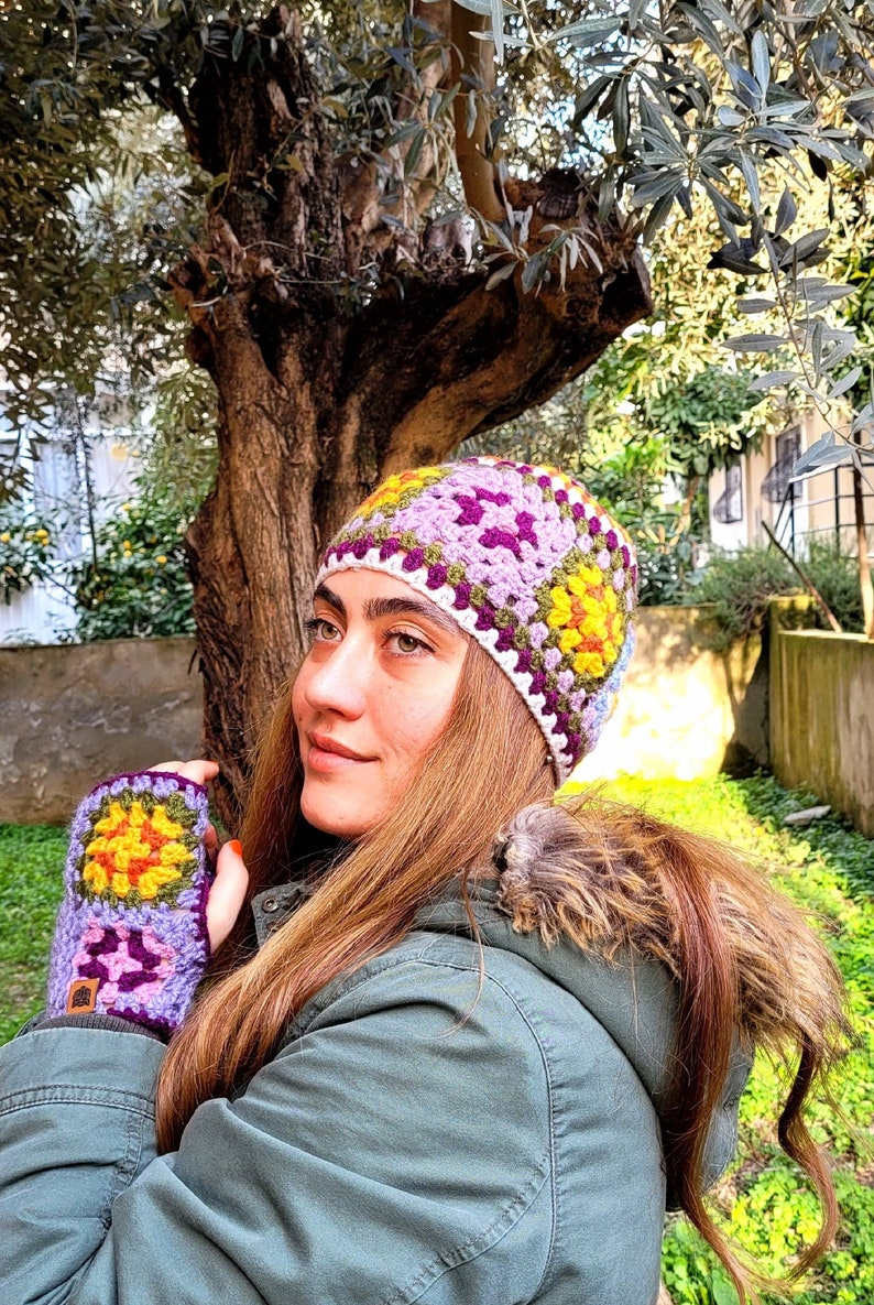 Crochet Granny Square Hat and Hand Warmer Set: Multicolor Flower Beanie image 9