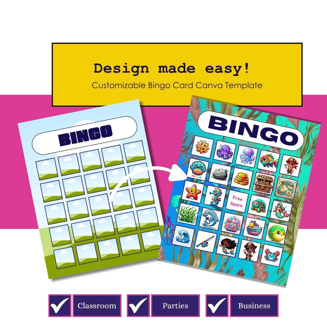Canva Bingo Template with custom Canva frames. Design for party favor kit, workplace games, baby shower, classroom activities, and more.