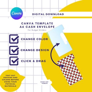 May include: Digital download Canva template for A6 cash envelopes. The design features a light blue envelope with a strawberry pattern. Instructions include changing color, design, and using click and drag functionality. The image has a yellow and white background.