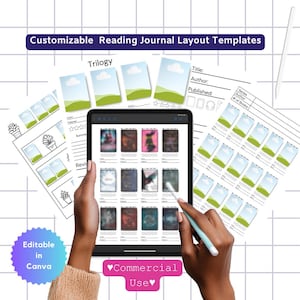 May include: Customizable Reading Journal Layout Templates featuring digital pages with book cover placeholders, star ratings, and text fields. A tablet displays a grid of book reviews, accompanied by a stylus and printed paper templates.