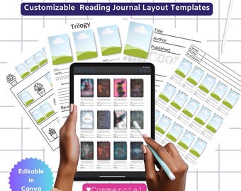 Editable Reading Journal Planner Canva Template Bundle. Customizable Printable book journal. Digital bookshelf. Printable Book Tracker. PLR