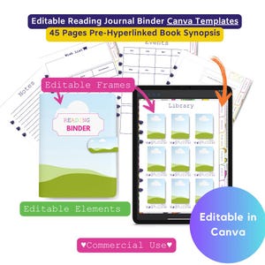 May include: An image showcasing a digital reading journal binder template. The image includes a physical binder with the words "Reading Binder" and a tablet displaying a digital library layout. Text includes "Editable Frames," "Editable Elements," and "Editable in Canva."