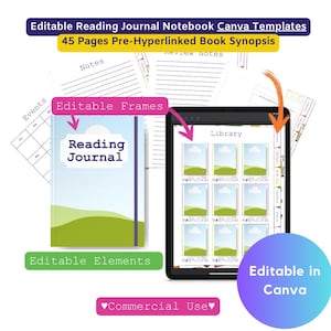 Puede incluir: Imagen que muestra una plantilla de diario de lectura digital. El diseño incluye un cuaderno y una tableta que muestra un diseño de biblioteca. El texto incluye "Plantillas de cuaderno de diario de lectura editable Canva" y "Editable en Canva".