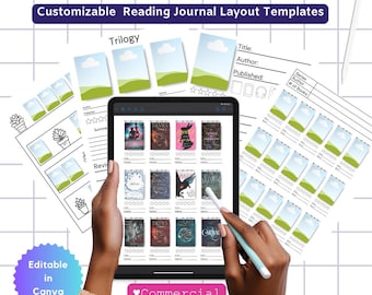 Editable Reading Journal Planner Canva Template Bundle. Customizable Printable book journal. Digital bookshelf. Printable Book Tracker. PLR