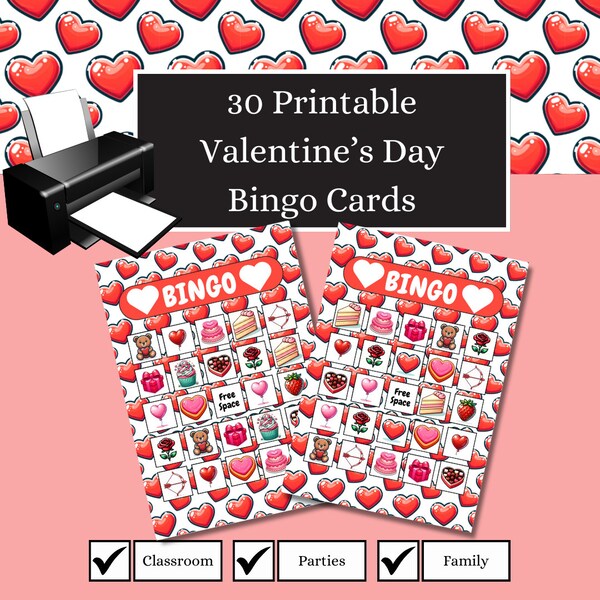 Printable Valentine's Day Bingo Cards. 30 pack, different Bingo cards. Child friendly interactive game for classrooms + Letter, A5 PDFs