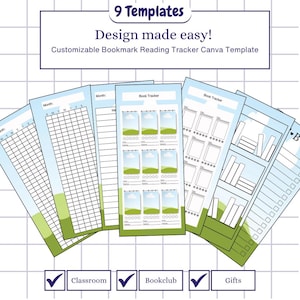 Puede incluir: Nueve plantillas de marcapáginas con diseño azul y verde. El texto dice: "9 Templates, Design made easy! Customizable Bookmark Reading Tracker Canva Template." Las plantillas son para el aula, el club de lectura y regalos.