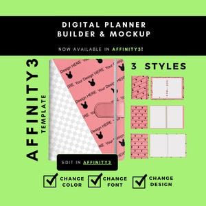 Op de afbeelding: Een roze digitale planner mockup met een konijnenpatroon, met de tekst "Design HERE". De afbeelding toont ook drie plannerstijlen en opties om de kleur, het lettertype en het ontwerp te wijzigen. De tekst "AFFINITY3" is ook zichtbaar.