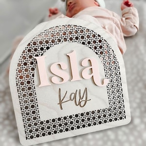 Baby Birth Announcement Sign, Boho Baby Arch Name Sign, Boho Birth Announcement, Rattan Name Sign, Boho Baby Name Sign, Baby Shower Gift image 1