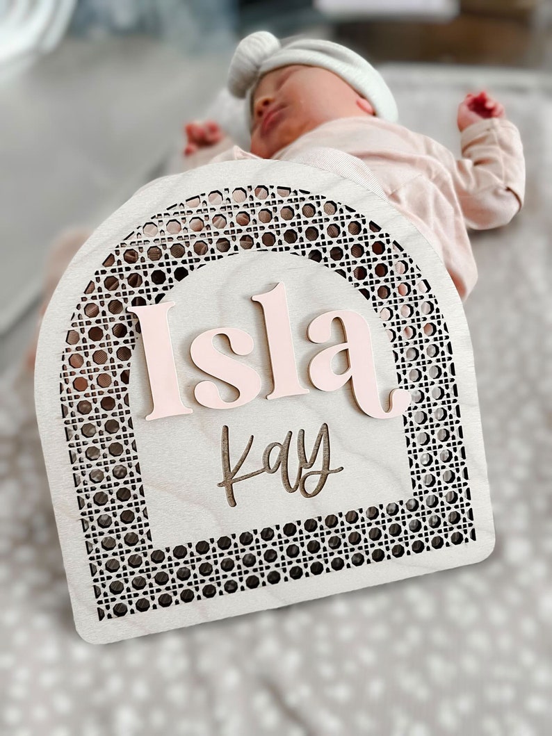 Baby Birth Announcement Sign, Boho Baby Arch Name Sign, Boho Birth Announcement, Rattan Name Sign, Boho Baby Name Sign, Baby Shower Gift image 1