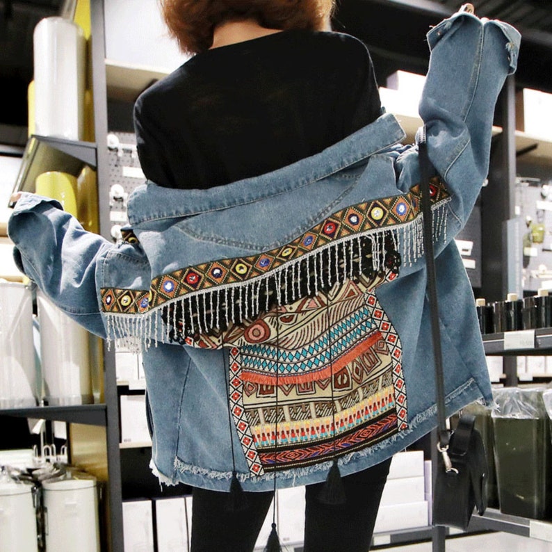 Vintage Floral Embroidery Denim Jackets Embellished Tassel - Etsy