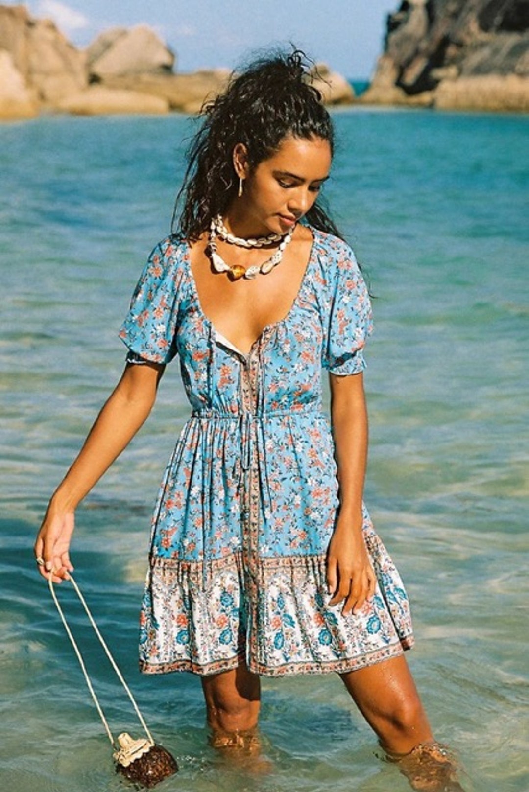 Bohemian Beach Floral Print Mini Dress Vintage V Neck Flare - Etsy