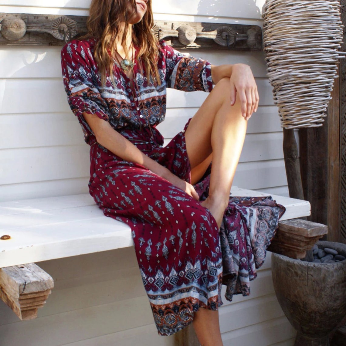 Bohemian Summer Long Dresses for Women Vneck Lantern Sleeve Etsy
