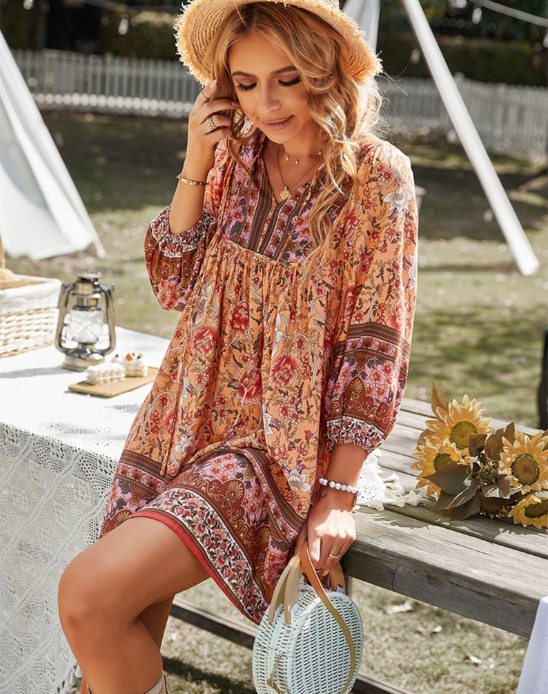 Bohemian Floral Print Loose Summer Dresses For Women | V-neck Lantern Sleeve Mini Dress | Bohemian Sundress | Boho Dresses 