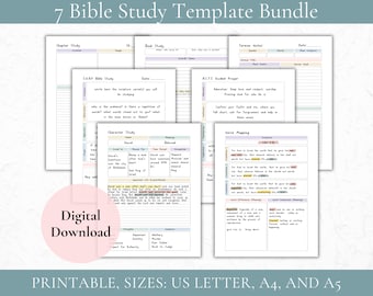 May include: A printable bundle of seven Bible study templates. The templates are designed for personal study and include sections for chapter study, character study, verse mapping, and guided prayer. The templates are available in US Letter, A4, and A5 sizes.