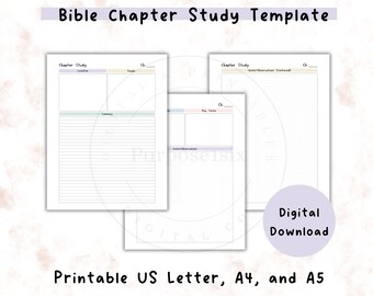 May include: Three printable Bible chapter study templates. The first template has sections for location, people, and a summary. The second template has sections for key terms and notes/observations/commentary. The third template is a gridded page for notes/observations/commentary. The text "Bible Chapter Study Template" is at the top of the image. The text "Printable US Letter, A4, and A5" is at the bottom of the image. The text "Digital Download" is in a purple circle at the bottom right of the image.