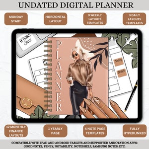 May include: A digital planner app mockup with a pink cover featuring the word "PLANNER" in white text. The cover also has a stylized illustration of a woman with blonde hair and a brown and white striped shirt. The app is open to a weekly view with a calendar grid and a note page. The app is compatible with iPad and Android tablets.