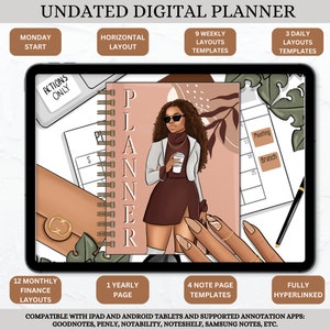 May include: Digital planner displayed on a tablet. The planner features a stylish illustration of a woman holding a coffee cup. The planner includes sections for weekly and daily layouts, finance, and notes. Text on the image includes "Undated Digital Planner" and "Actions Only."