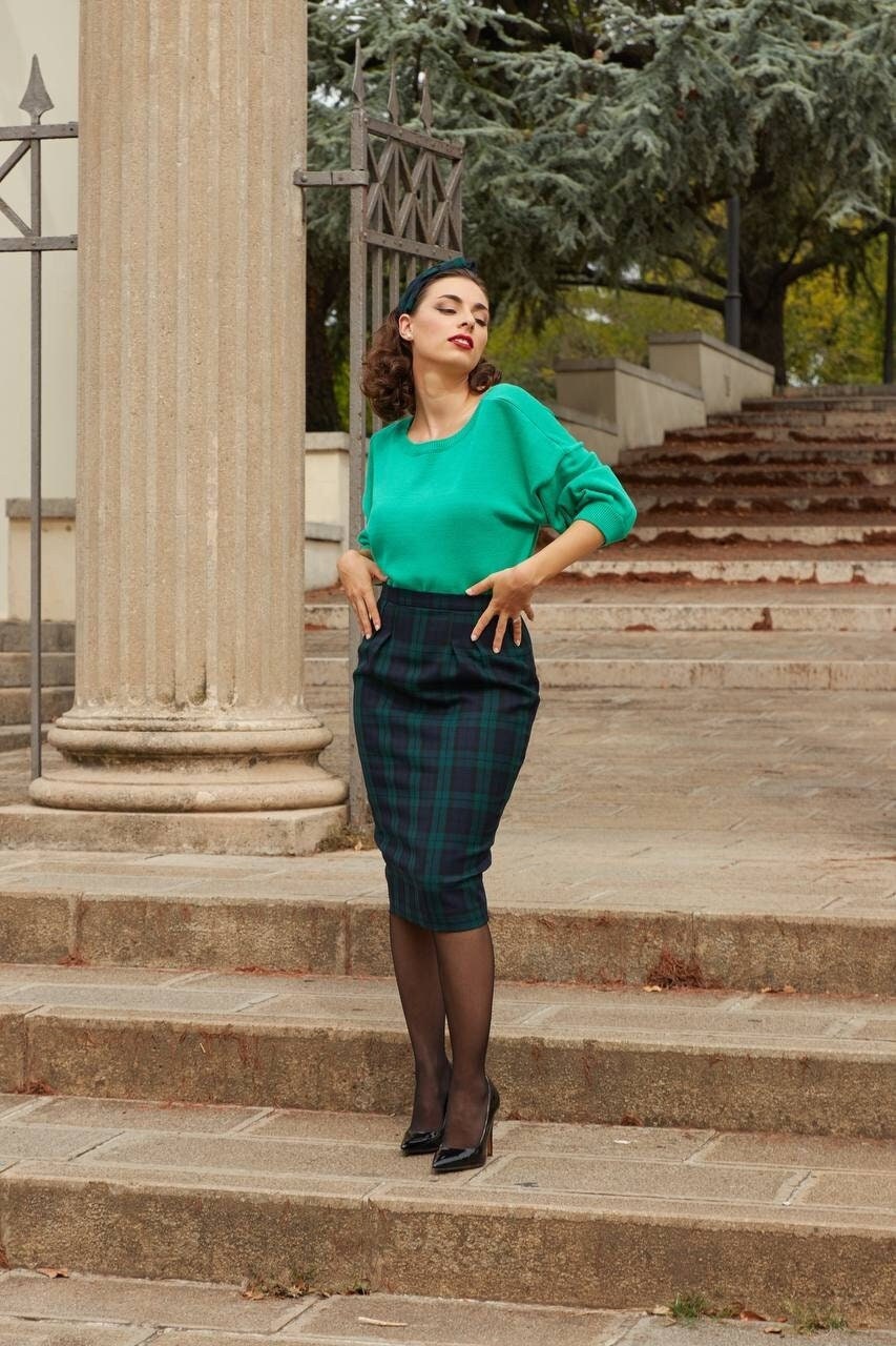 Tartan Pencil Pleated Skirt High Waist Vintage Inspired Pure Wool Etsy