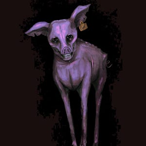 May include: A digital illustration of a purple pig-like creature with a skeletal grin and a tag on its ear. The artwork has a dark, ominous aesthetic, with a black background and a sinister expression on the creature's face.
