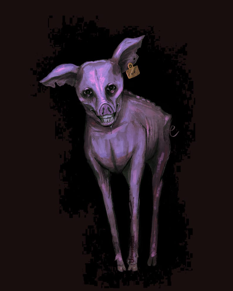 May include: A digital illustration of a purple pig-like creature with a skeletal grin and a tag on its ear. The artwork has a dark, ominous aesthetic, with a black background and a sinister expression on the creature's face.