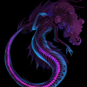 May include: Digital illustration of a mermaid with a skeletal design. The mermaid's body is a gradient of purple and blue, with a glowing ribcage and tail. Long, flowing purple hair and a dark background complete the fantasy artwork.