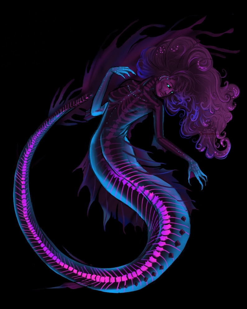 May include: Digital illustration of a mermaid with a skeletal design. The mermaid's body is a gradient of purple and blue, with a glowing ribcage and tail. Long, flowing purple hair and a dark background complete the fantasy artwork.
