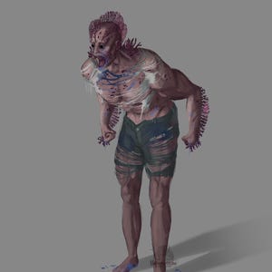 May include: Digital illustration of a humanoid creature with a distressed appearance. The figure has exposed flesh, torn clothing, and a menacing expression. The color palette includes shades of purple, blue, and brown, creating a dark and unsettling atmosphere.