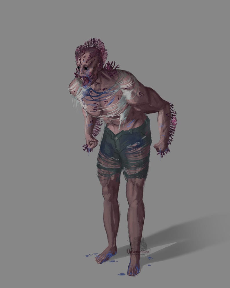 May include: Digital illustration of a humanoid creature with a distressed appearance. The figure has exposed flesh, torn clothing, and a menacing expression. The color palette includes shades of purple, blue, and brown, creating a dark and unsettling atmosphere.