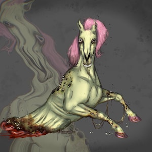 May include: Digital illustration of a pale green horse-like creature with a pink mane. The creature has a skeletal face, exposed teeth, and visible wounds. The artwork has a dark, ominous tone, with blood and decay details.