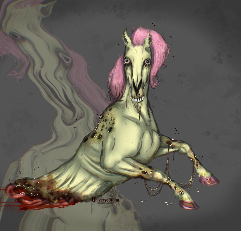May include: Digital illustration of a pale green horse-like creature with a pink mane. The creature has a skeletal face, exposed teeth, and visible wounds. The artwork has a dark, ominous tone, with blood and decay details.
