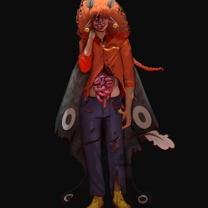 May include: Digital illustration of a creature with orange hair, a torn orange shirt, and ripped blue pants. The creature has exposed internal organs and large moth-like wings with white circular markings. Yellow boots complete the look against a black background.