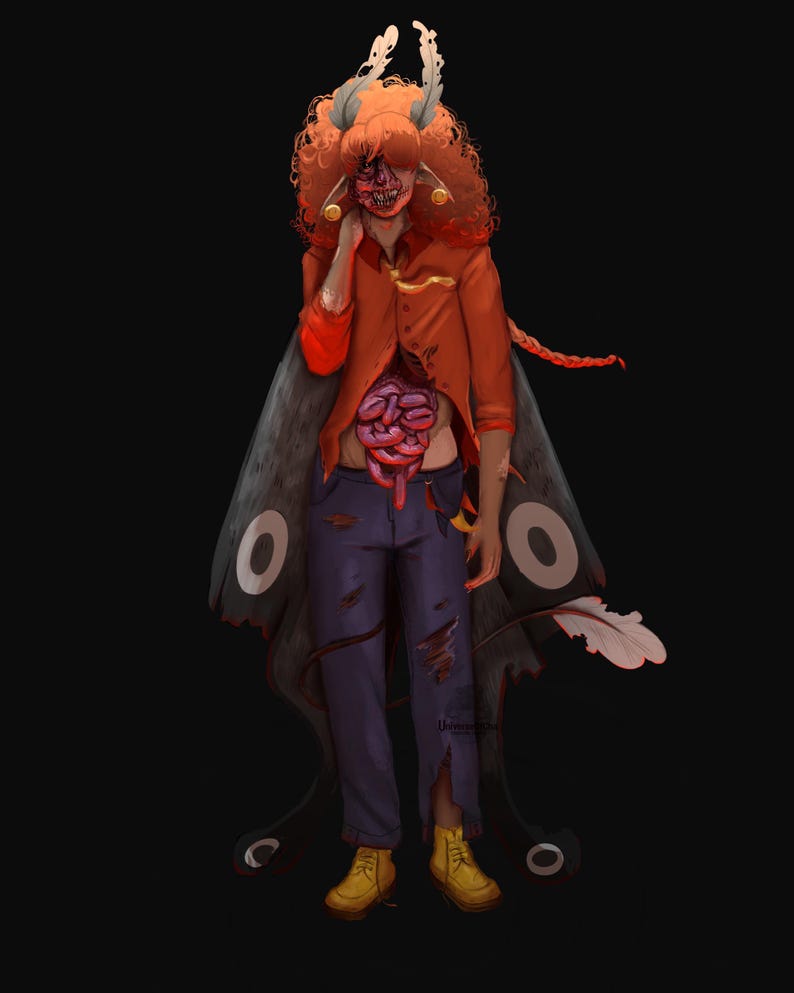 May include: Digital illustration of a creature with orange hair, a torn orange shirt, and ripped blue pants. The creature has exposed internal organs and large moth-like wings with white circular markings. Yellow boots complete the look against a black background.