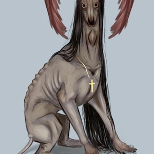 May include: Digital illustration of a creature with a long face, black hair, and a gold cross necklace. The creature has red wings and a single eye above its head. The artwork is set against a light blue background.