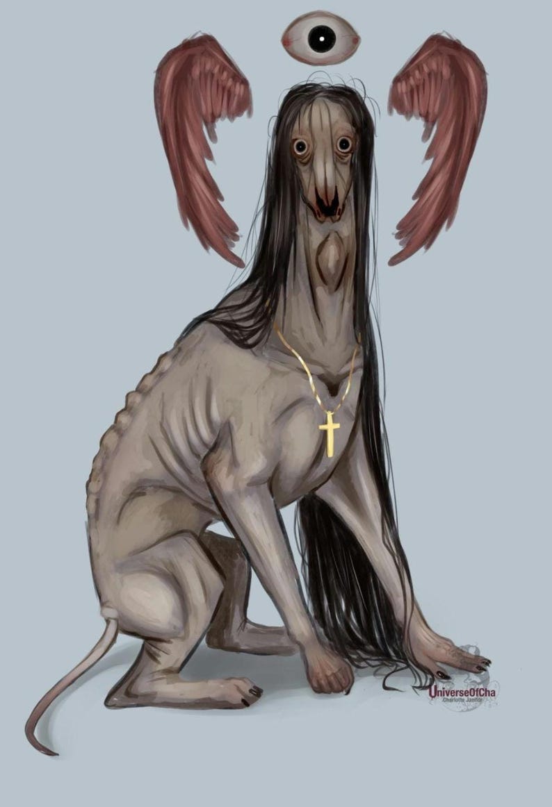 May include: Digital illustration of a creature with a long face, black hair, and a gold cross necklace. The creature has red wings and a single eye above its head. The artwork is set against a light blue background.